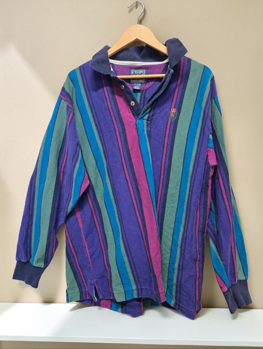Vintage Chaps Ralph Lauren Striped Rugby Shirt XL Purple Green Blue 90s Preppy